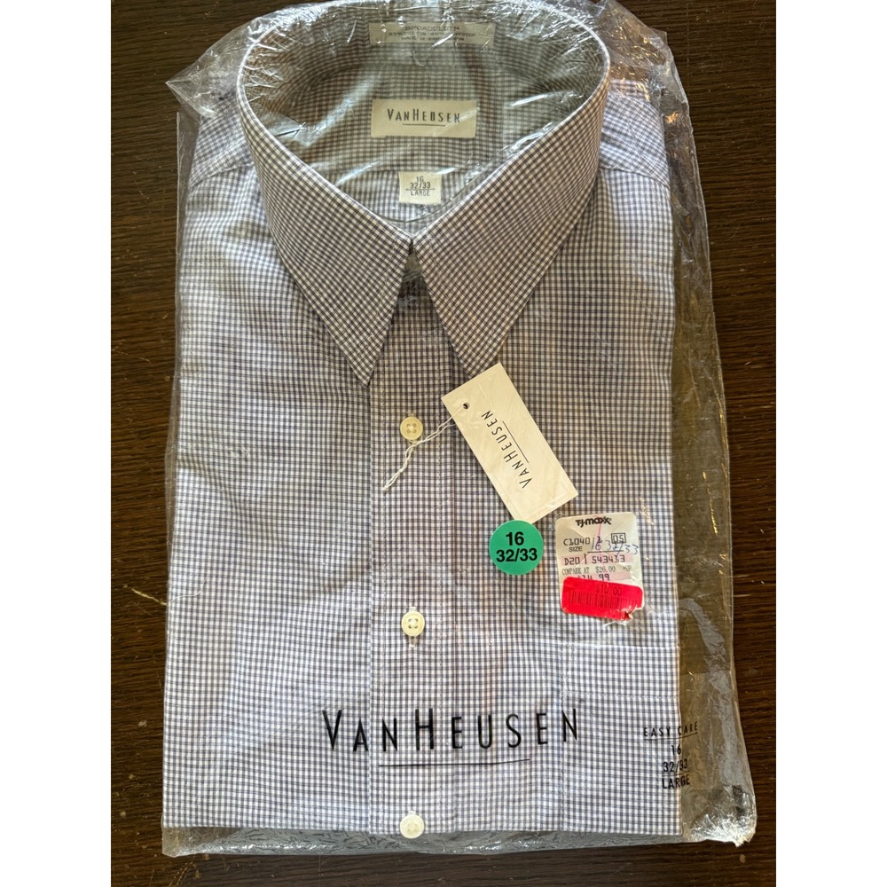 Van Heusen Mens Gingham Check Dress Shirt Blue White 16 32/33 Large NWT